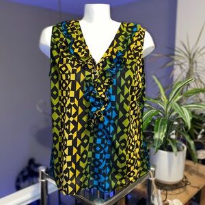 ⭐️ Worthington Geometric Ruffle Blouse - Black, Blue, Yellow. Green. Size XL